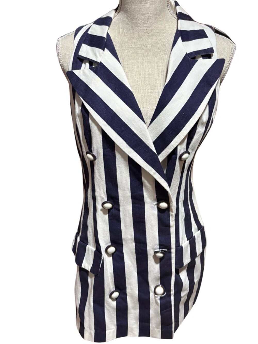 Vintage Frederick’s Hollywood Vest 8 Navy White Striped Nautical Double Breasted